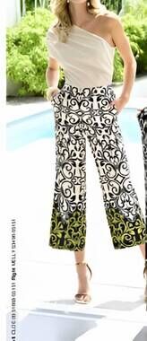 NEW ROBELL cloe wide leg trousers in white/ green